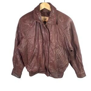 Vintage Georgetown‎ Leather Design Brown Genuine Leather Bomber Jacket XS Y2k